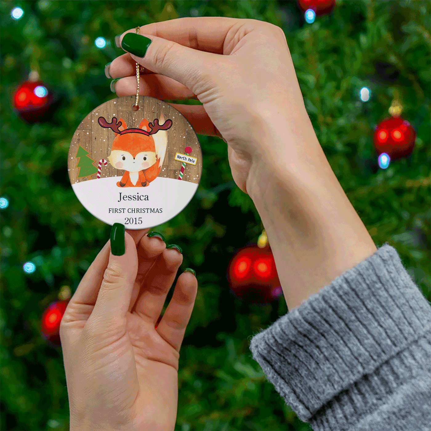 First Baby Christmas | Adorable Fox with Antlers | Ceramic Ornament